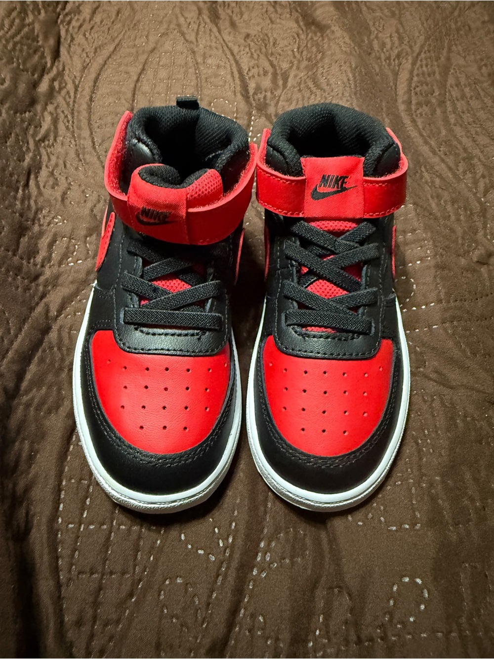 Kids Nike Court Borough Mid 2’ Bred Sneakers in Red and Black